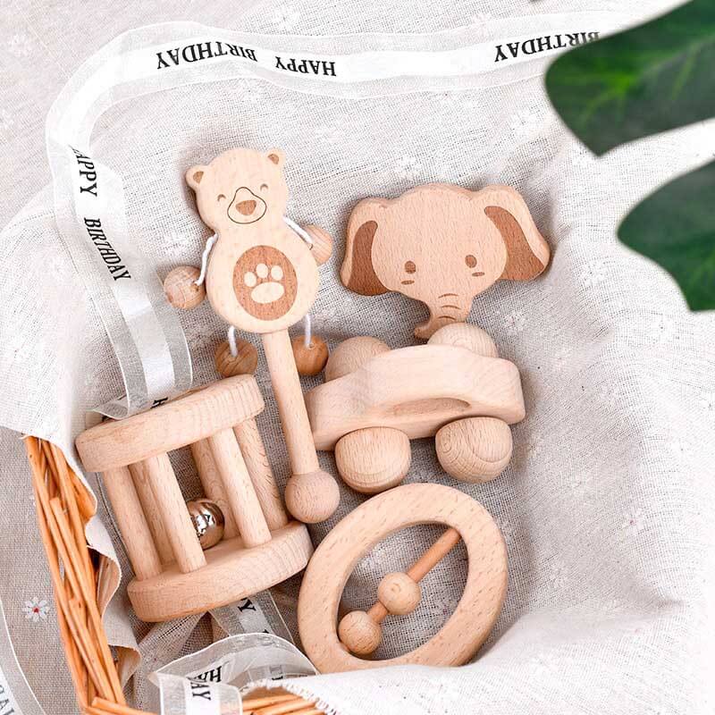 Fidtoy Wooden Baby Rattle & Teether Toy Set – Montessori Sensory & Motor Skill Development