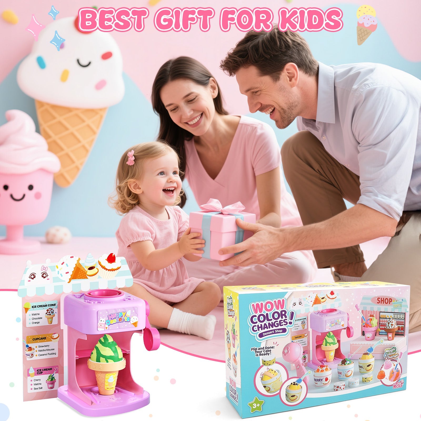Coffret de Pâtisserie 2-en-1 Changeant de Couleur - Jouet Glace et Gâteau avec Changement de Couleur à l'Eau Glacée, Jouets de Cuisine pour Enfants, Cadeaux d'Anniversaire pour Filles et Garçons