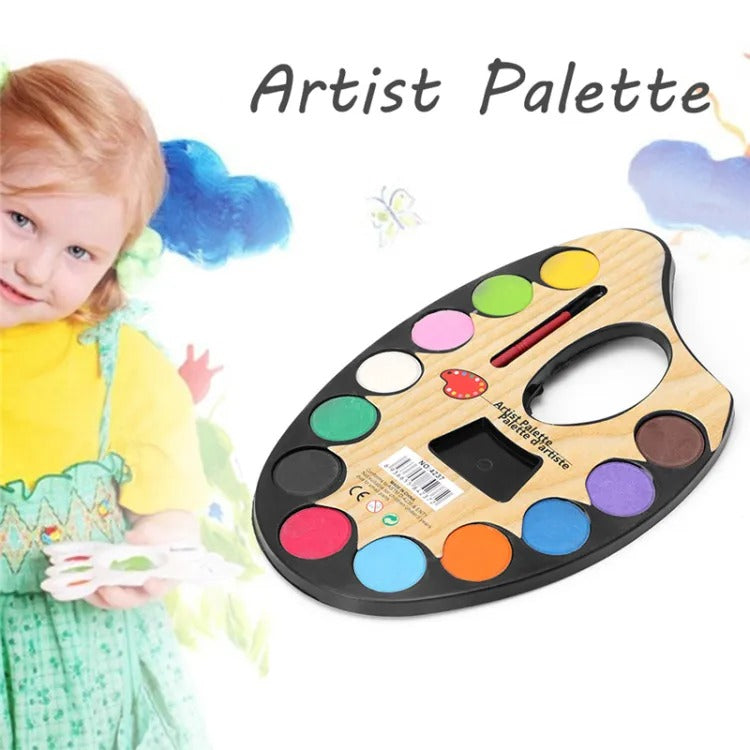 Fidtoy Plastic Artist Palette Kit 12 Colors Small Watercolor Paint Set with Brush for Kids Art Painting and Creative Drawing