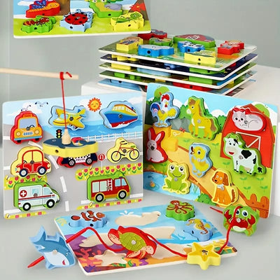 Fidtoy Puzzle magnétique 3D coloré à lacer - Design aléatoire, Puzzle de pêche et de laçage magnétique en bois, Jouet d'apprentissage précoce pour la motricité fine et l'association des couleurs, Âges 2-6