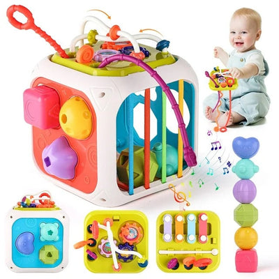 Fidtoy 7-in-1 Multifunctional Shape Sorting Box for Toddlers, Montessori Activity Cube with Shape Sorter, Beads, Gears, Pull String and Stacking Blocks
