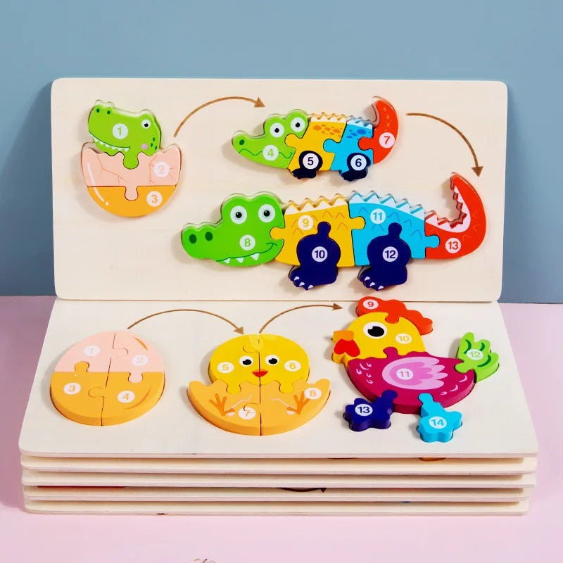 Fidtoy 3D Cognitive Puzzle of Animal Growth - Random Animals, Wooden Animal Growth Puzzle with Numbered Pieces, Montessori Nature Learning Toy for Kids