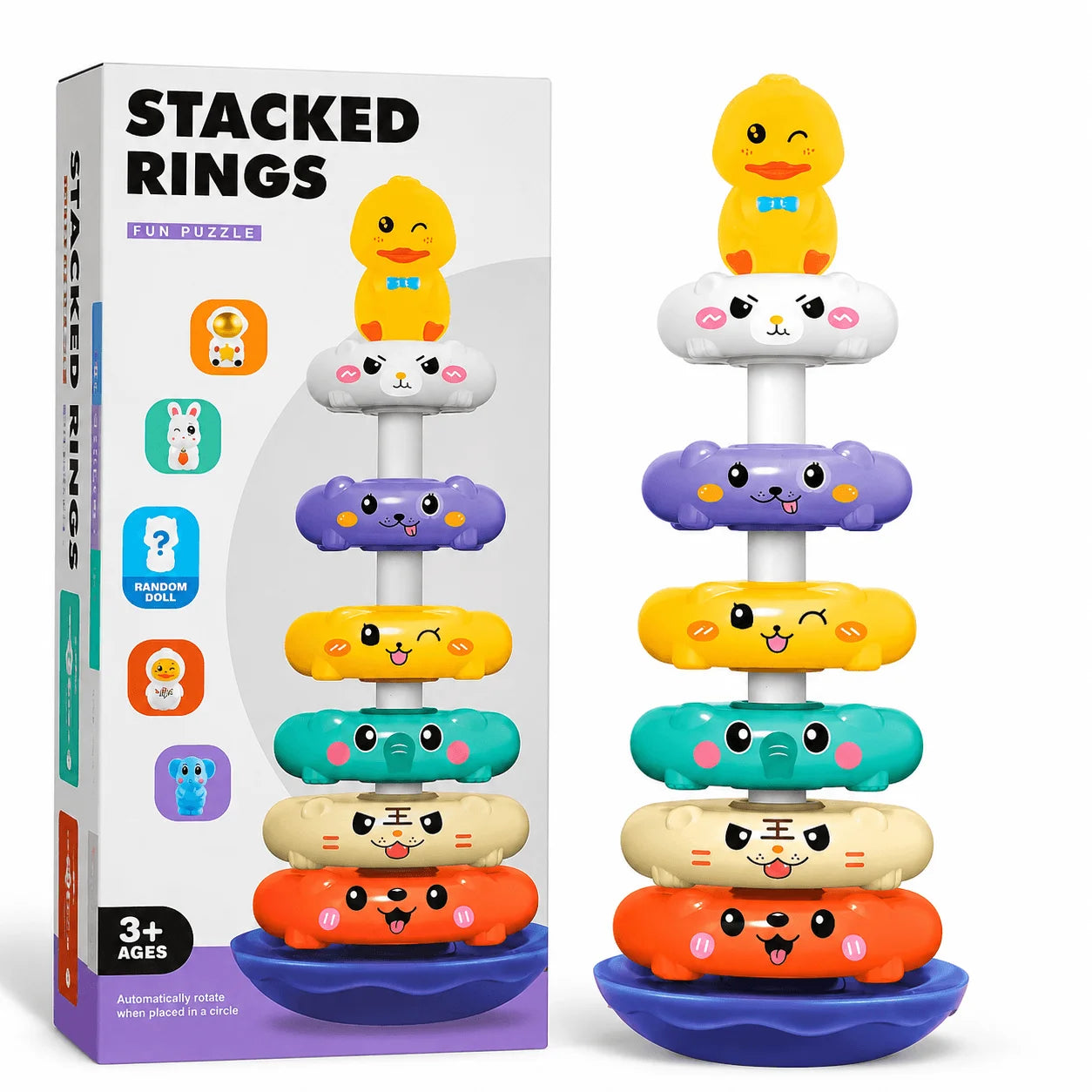 Fidtoy 2in1 Rotating and Stacked Rings for Toddlers, Plastic Animal Stacking Rings Toy, Fine Motor Sensory Learning Toy Ages 12+ Months