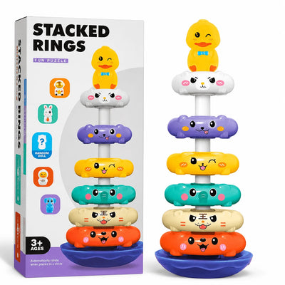 Fidtoy 2in1 Rotating and Stacked Rings for Toddlers, Plastic Animal Stacking Rings Toy, Fine Motor Sensory Learning Toy Ages 12+ Months
