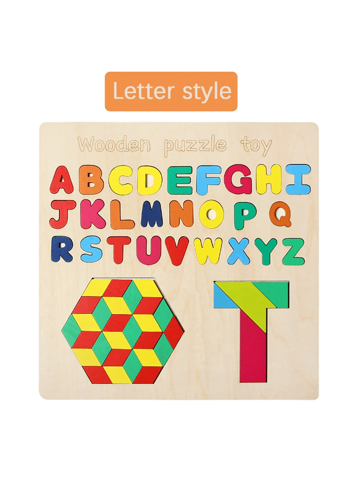 Fidtoy 3 in 1 Wooden Alphabet Tangram Puzzle Board, Wooden ABC Shape and Color Learning Puzzle, Early Literacy Fine Motor Toy Ages 2-6