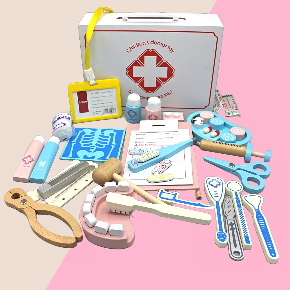 Fidtoy Wooden Children Doctor Pretend Play Set for Kids | 43Pcs Doctor Tool Kit, Medical Role Play Toy, Dentist Accessories, Stethoscope, Doctor Bag & Social Skills Toy Age 2-6