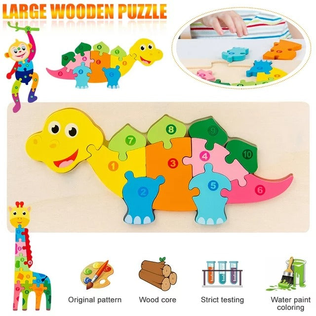 Fidtoy 3D Wooden Dinosaur Puzzle Board, Wooden Animal Board for Toddlers, Preschool Dino Matching Puzzle, Fine Motor and Color Recognition Toy Ages 2-6