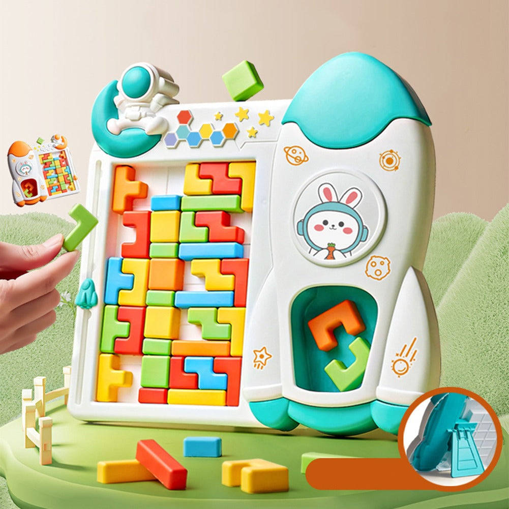 Fidtoy Space Rocket Tetris Table Block Challenge Game for Kids Ages 4-12, Plastic 3D Puzzle Board Game with Rocket Frame and Colorful Shape Blocks for Logic Play