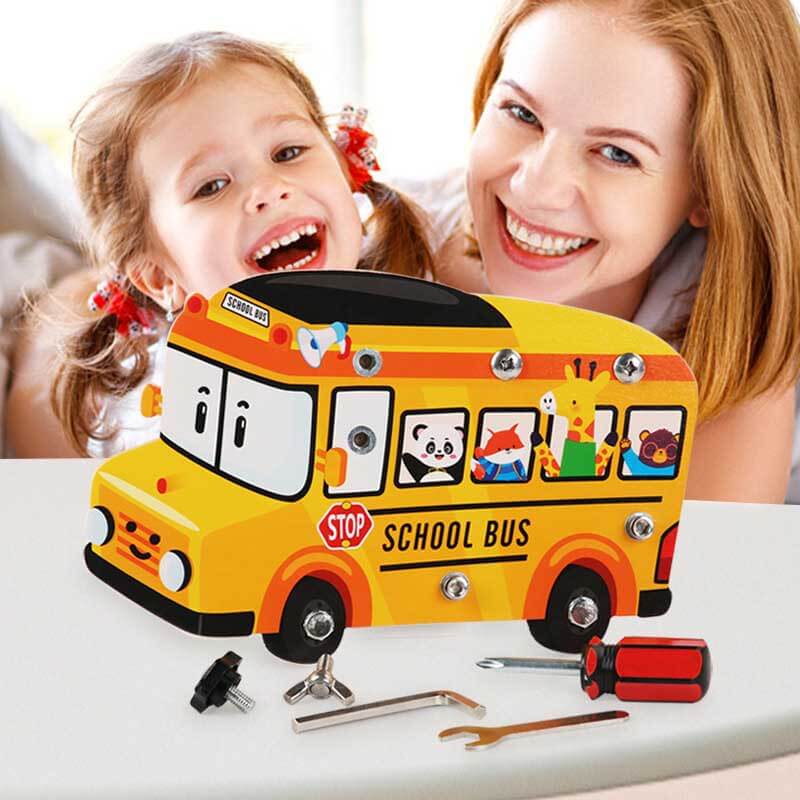 Fidtoy Wooden Busy Bus Tool Toy Construction Learning Set for Kids