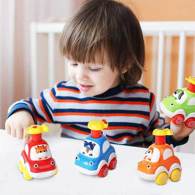 Ensemble de 4 jouets de voiture Fidtoy Press-to-Go animaux pour les tout-petits de 2 ans et plus | Développement de la motricité et apprentissage des couleurs