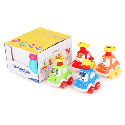 Ensemble de 4 jouets de voiture Fidtoy Press-to-Go animaux pour les tout-petits de 2 ans et plus | Développement de la motricité et apprentissage des couleurs