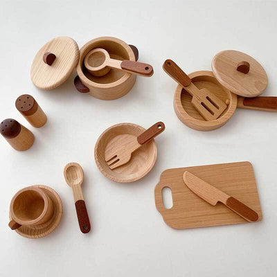 Fidtoy Wooden Play Kitchen Accessories – 15-Piece Pretend Cooking Set for Toddlers