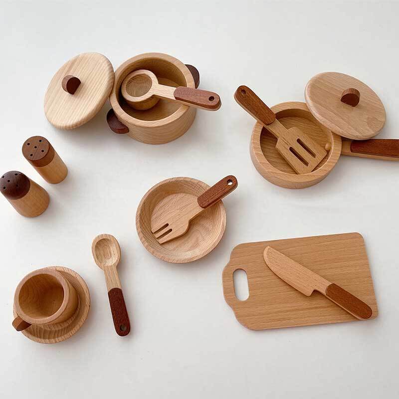 Fidtoy Wooden Play Kitchen Accessories – 15-Piece Pretend Cooking Set for Toddlers