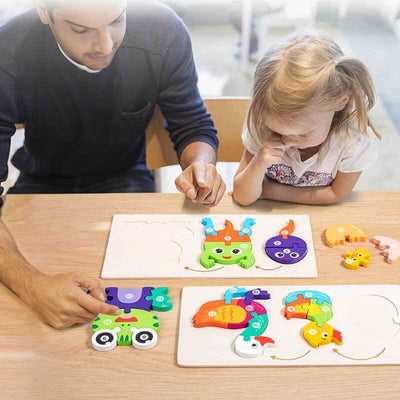 Fidtoy Wooden Animal Puzzle Set – Animal Shapes Toddler Learning Toy