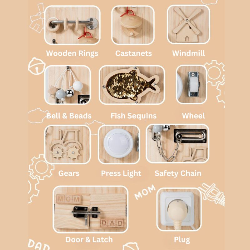 Tableau sensoriel Montessori pour jeu calme - Tableau d'activités en bois naturel