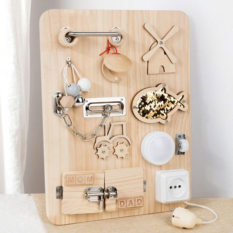 Tableau sensoriel Montessori pour jeu calme - Tableau d'activités en bois naturel