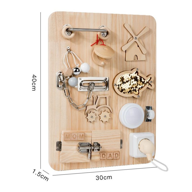 Tableau sensoriel Montessori pour jeu calme - Tableau d'activités en bois naturel