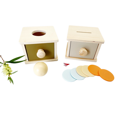 Boîte de permanence d'objet Montessori : tiroir et balle / pièces et tiroir