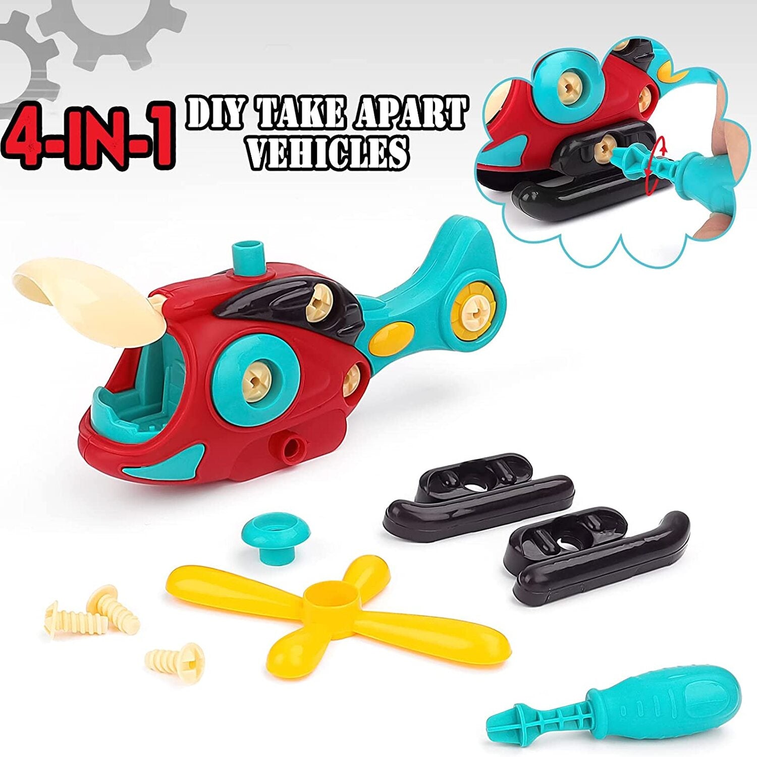 Fidtoy DIY Assembly Vehicle Toy Set 4 Pieces for Kids Ages 3-8, Take Apart Vehicle Playset with Screwdriver, Build and Disassemble Toy Cars for Fine Motor Skills, Problem Solving and Hands-On Engineering Play