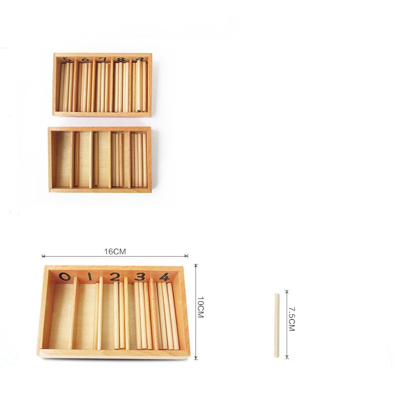 Boîte de fuseaux Montessori standard et bâtonnets de comptage mathématiques sur plateau
