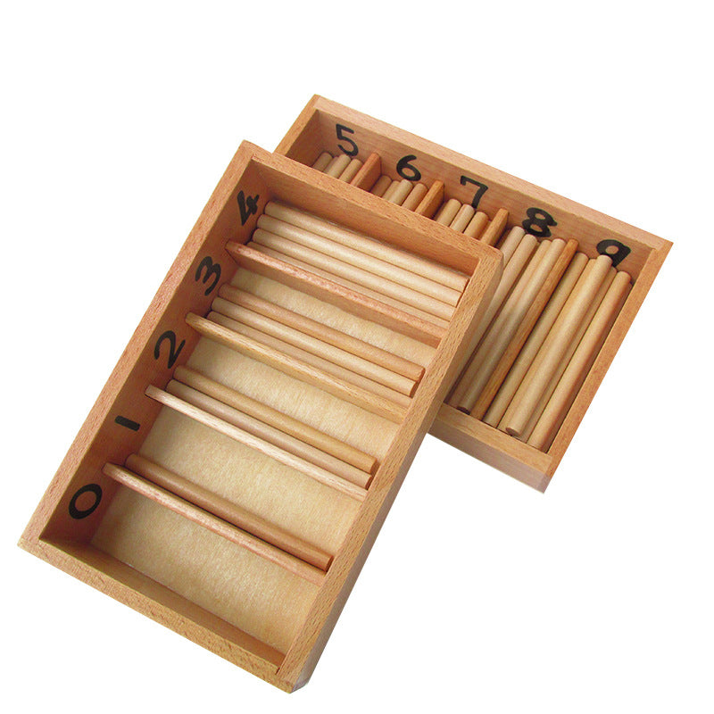 Boîte de fuseaux Montessori standard et bâtonnets de comptage mathématiques sur plateau