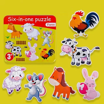 Fidtoy 6-in-1 Jigsaw Puzzle with Number Farm Animal Tin Box for Kids, Wooden Farm Animal Puzzle Set with Number Recognition Guide, Educational Preschool Puzzle Toy Age 2–6