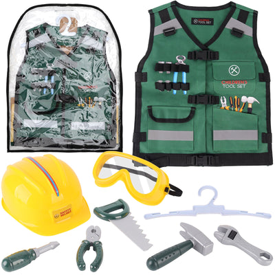Juego de ropa de juego de rol de construcción, disfraz de juego de rol, chaleco de constructor realista, casco de seguridad, herramientas de juguete y accesorios, kit de juego de simulación STEM para niños y niñas de 3 años en adelante - Regalo de disfraz