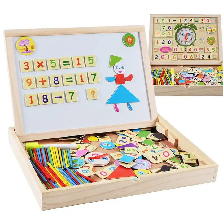 Fidtoy 2in1 Magnetic Arithmetic Learning Puzzle Board, Wooden Math Learning Box with Numbers, Arithmetic Symbols, Drawing Board, Color Sorting Rods and Clock Learning Toy Ages 3-6
