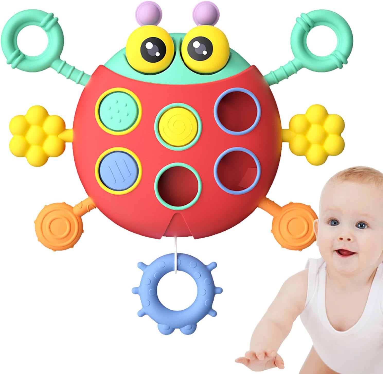 Fidtoy Cute Colorful Ladybug String Pull Sensory Rattle for Babies 6+ Months Montessori Pull String Teething Toy