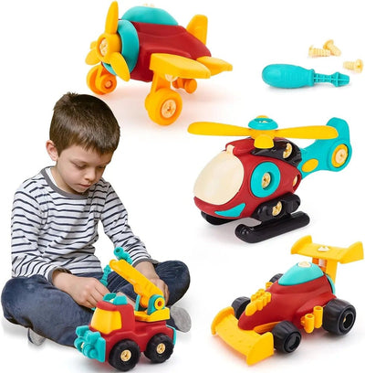 Fidtoy DIY Assembly Vehicle Toy Set 4 Pieces for Kids Ages 3-8, Take Apart Vehicle Playset with Screwdriver, Build and Disassemble Toy Cars for Fine Motor Skills, Problem Solving and Hands-On Engineering Play