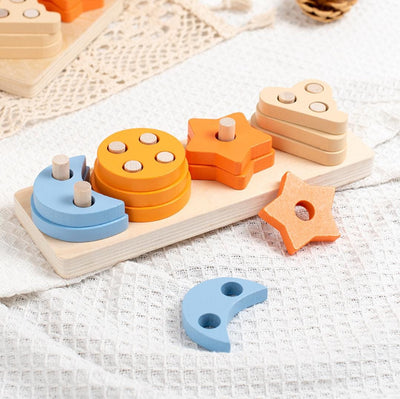 Fidtoy Wooden Star and Crescent Shape Sorting Column Montessori Stacking Board Shape Sorter Toy for Toddlers