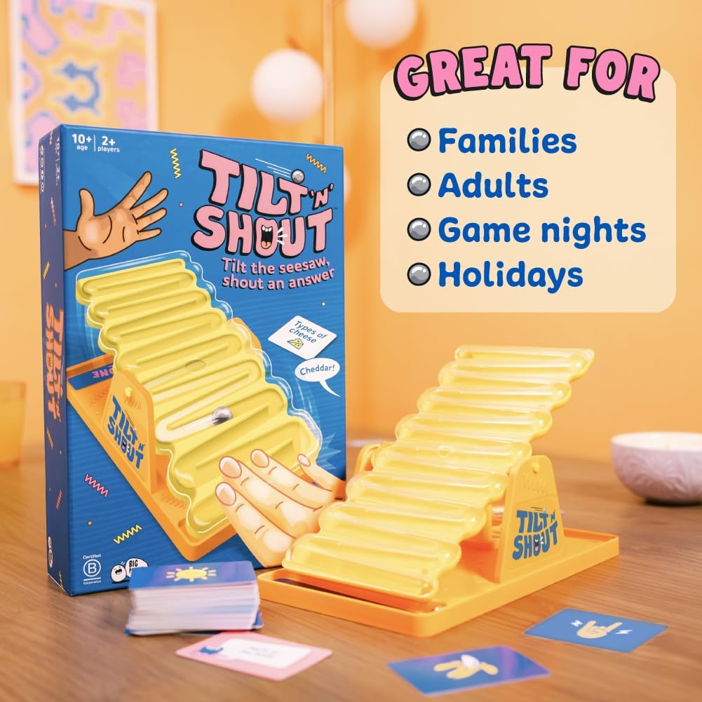 Fidtoy Tilt ’n’ Shout Speedy Seesaw Family Board Game for Kids & Adults | Plastic Party Game, 150 Category Cards, Interactive Marble Timer, Team Communication & Fast Answer Challenge Age 10+