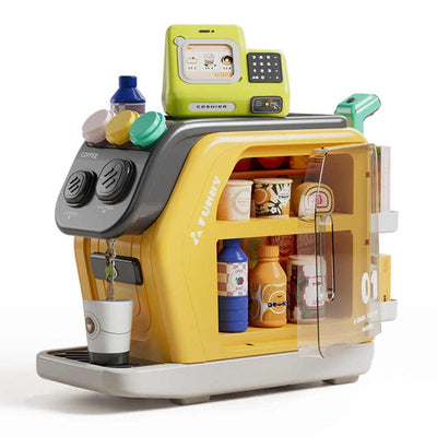 Fidtoy Jeu d'Imitation 3-en-1 Multifonctionnel avec Caisse Enregistreuse et Café, Machine à Café, Réfrigérateur et Caisse Enregistreuse en Plastique pour Enfants, Jeu de Rôle Cuisine et Shopping pour Enfants de 3 ans et plus