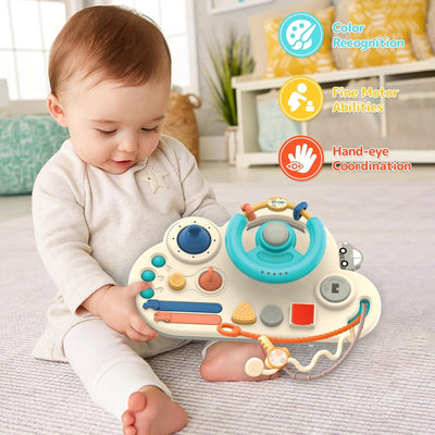 Fidtoy Volant d'activités Montessori pour bébé à tirer – Jouet sensoriel de voyage avec cordes à tirer, bulles, boutons et jeu de motricité fine