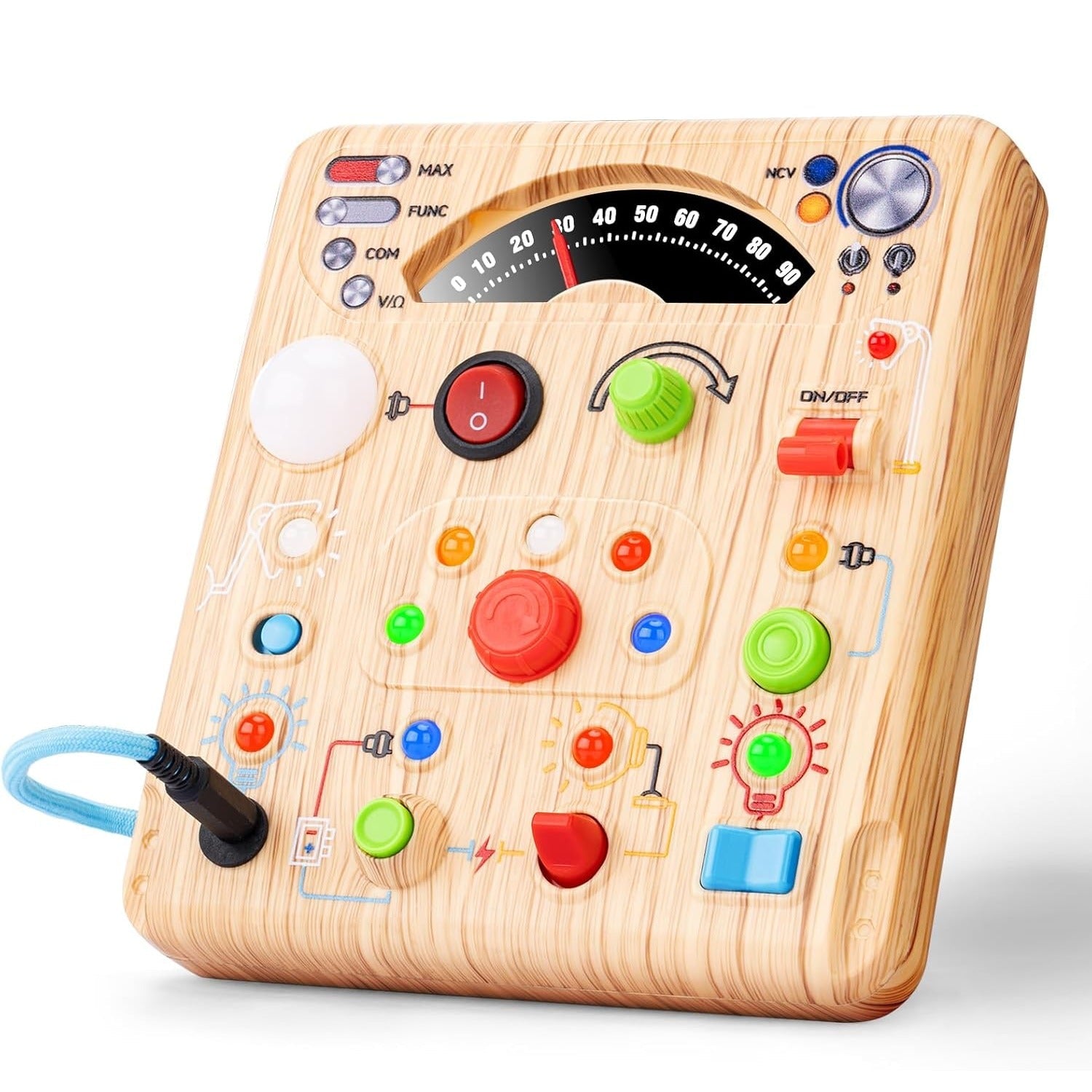 Fidtoy LED Simulated Ammeter Wooden Busy Board for Toddlers Light Switch STEM Activity Toy