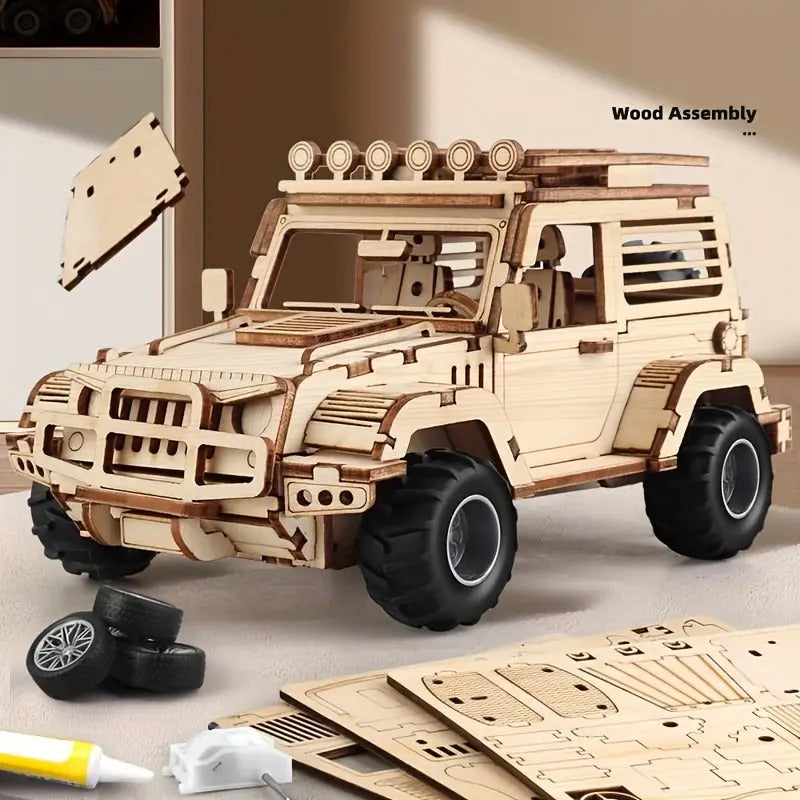 Fidtoy 3D Wooden Mechanical Jeep Pull Back Puzzle 125 Pieces, Wooden SUV Model Building Kit for Teens Adults Beginners Ages 14+
