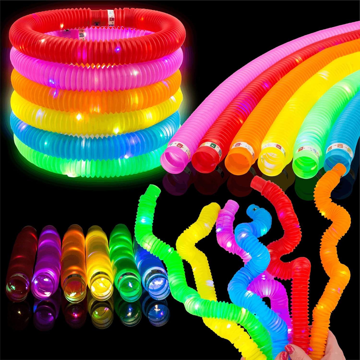 Fidtoy Glow in the Dark Stretchable Pop Tube Set for Kids Sensory Party Play Fine Motor Fun
