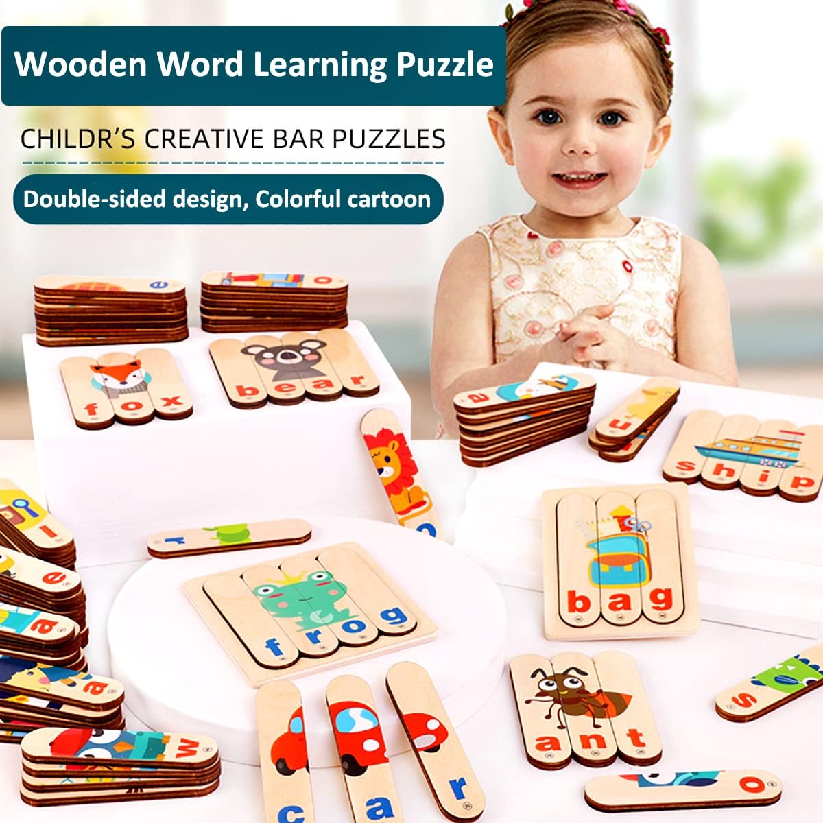 Fidtoy Wooden Spelling Learning Stick Puzzle Alphabet Word Matching Game for Kids Ages 2 to 6