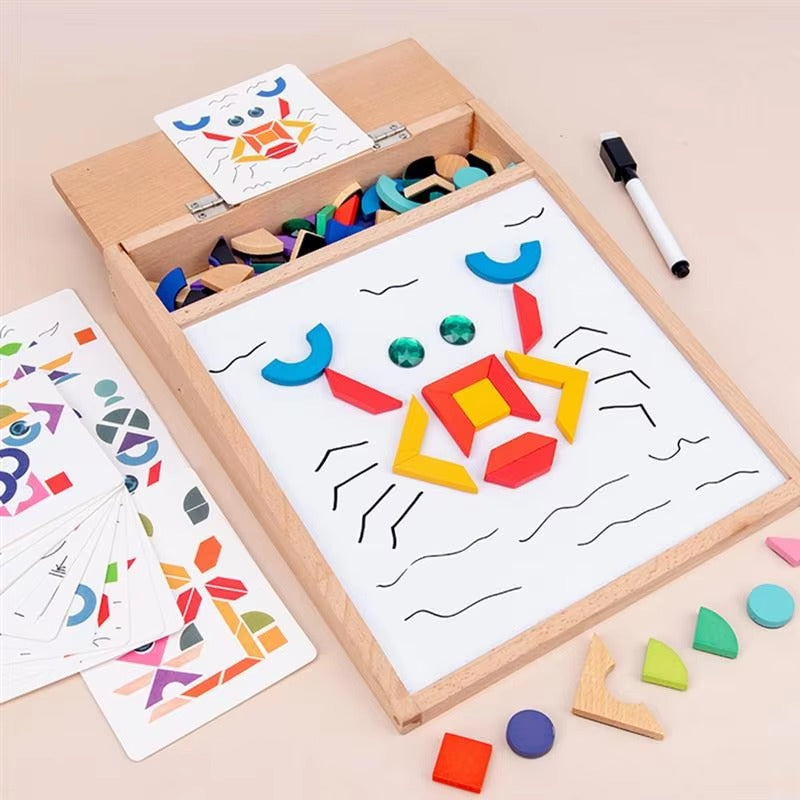 Fidtoy Wooden Magnetic Drawing Puzzle Board for Kids Creative Doodle Cards Fine Motor Toy Age 2-6