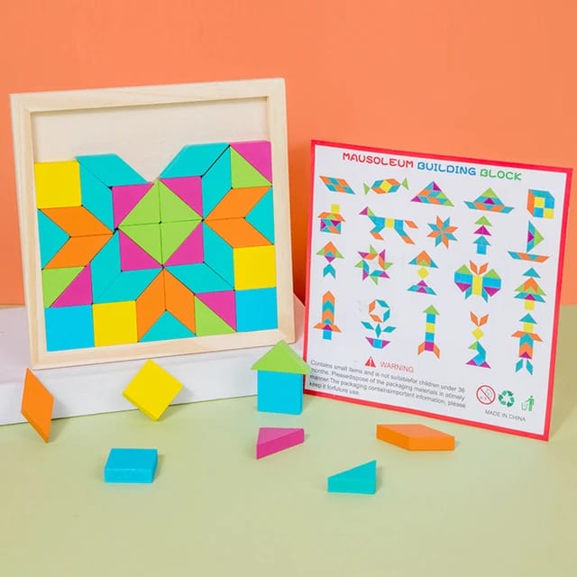 Fidtoy Wooden Geometrical Shapes Pattern Tangram Puzzle Montessori Color Shape Learning Toy for Kids Ages 2 to 6