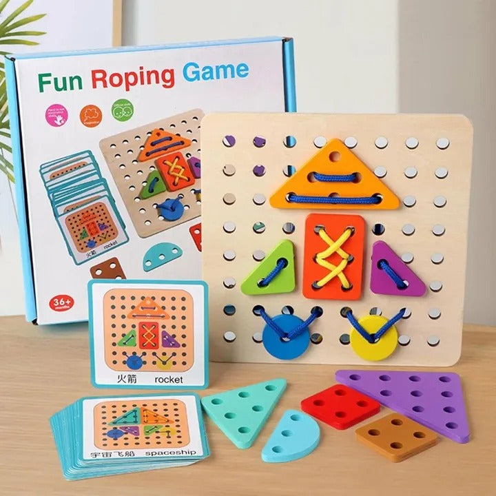 Fidtoy Wooden Rope Shape Lacing Pattern Kit Fine Motor Threading Toy for Kids Ages 3+