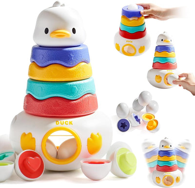 Fidtoy Jouet Culbuto Canard 2-en-1 et Jeu d'Association d'Œufs, Blocs de Construction Canard en Plastique avec 6 Œufs à Assortir, Jouet d'Apprentissage Sensoriel pour la Motricité Fine, 12 Mois et Plus