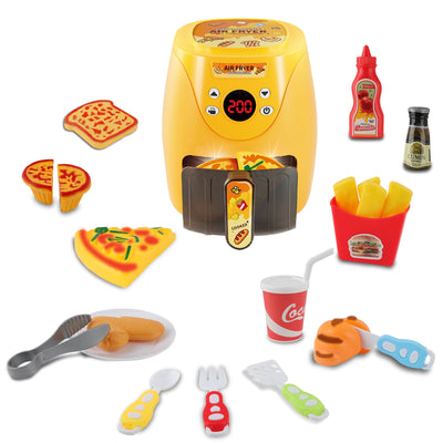Batterie de cuisine pour enfants avec friteuse à air chaud, jeu de rôle avec accessoires de cuisine, effets sonores et lumineux réalistes et aliments factices