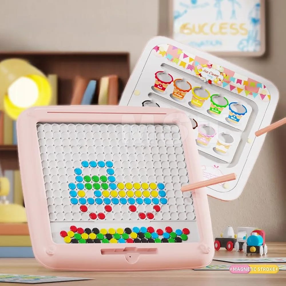 Fidtoy Pink 2in1 Magnetic Bead Maze Color Sorting and Drawing Board, Plastic Double-Sided Magnetic Maze and Doodle Board, Color Counting Fine Motor Travel Toy Ages 3+