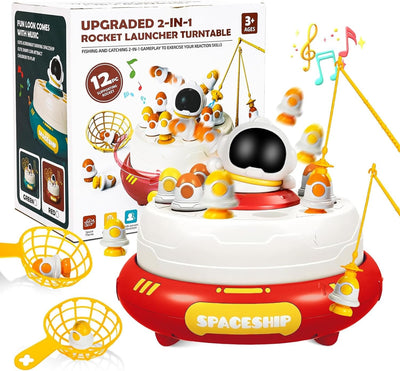 Fidtoy 2in1 Magnetic Fishing and Catching Rocket Launcher Turntable , Plastic Space-Themed Rocket Catching Game with Magnetic Fishing, Hand Eye Coordination Toy Ages 3+