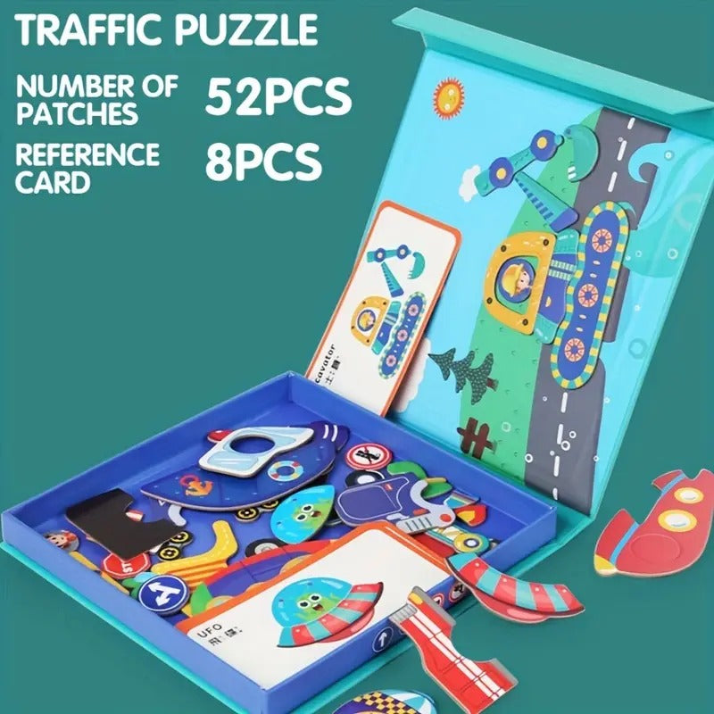 Fidtoy Magnetic Professional Figures Traffic Puzzle for Kids | Magnetic Traffic Matching Board, 26 Stickers, 8 Reference Cards, Road Safety Learning, Shape Recognition & Parent-Child Puzzle Toy Age 2-6