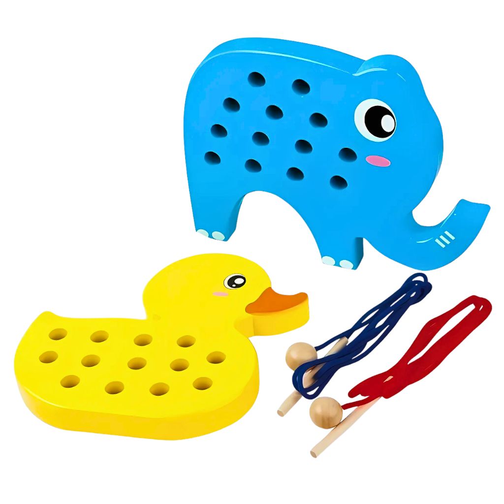Set d'enfilage canard et éléphant en bois
