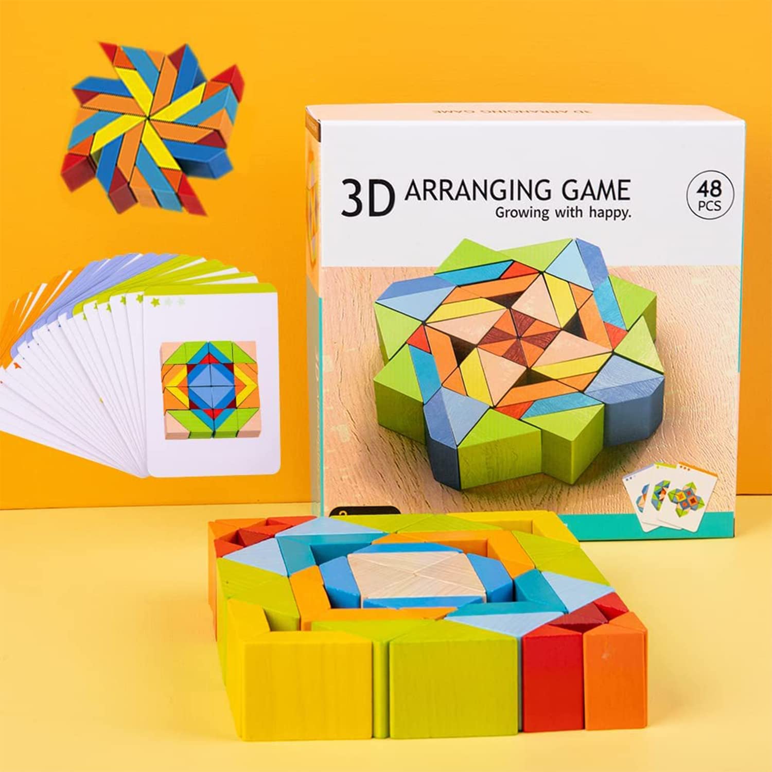 Fidtoy 3D Wooden Geometrical Arranging Mind Puzzle Challenge, 48 Piece Wooden Geometry Stacking Blocks with Pattern Cards, Montessori Shape Sorting STEM Puzzle for Kids Ages 5+