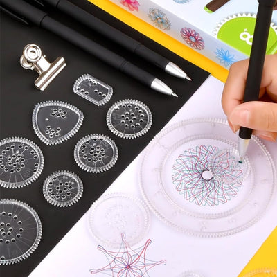 Fidtoy Spiral Art Gear Geometric Drawing Pattern Set for Kids Ages 3-8, 22-Piece Plastic Spirograph Style Ruler Art Kit with Gears, Pens and Drawing Paper