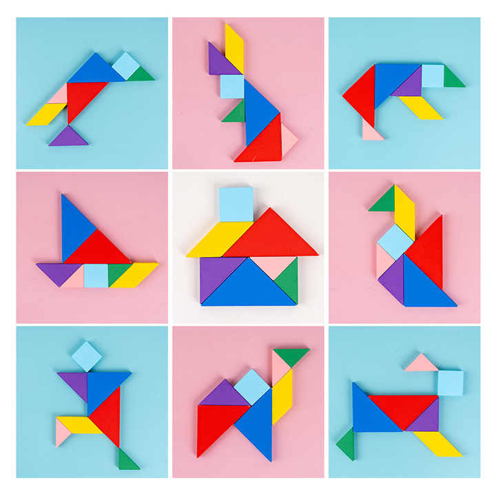 Fidtoy 3 in 1 Brainteaser Tangram Puzzle Board, Wooden Vehicle Shape Matching Puzzle, Color Recognition Fine Motor Learning Toy Ages 3+